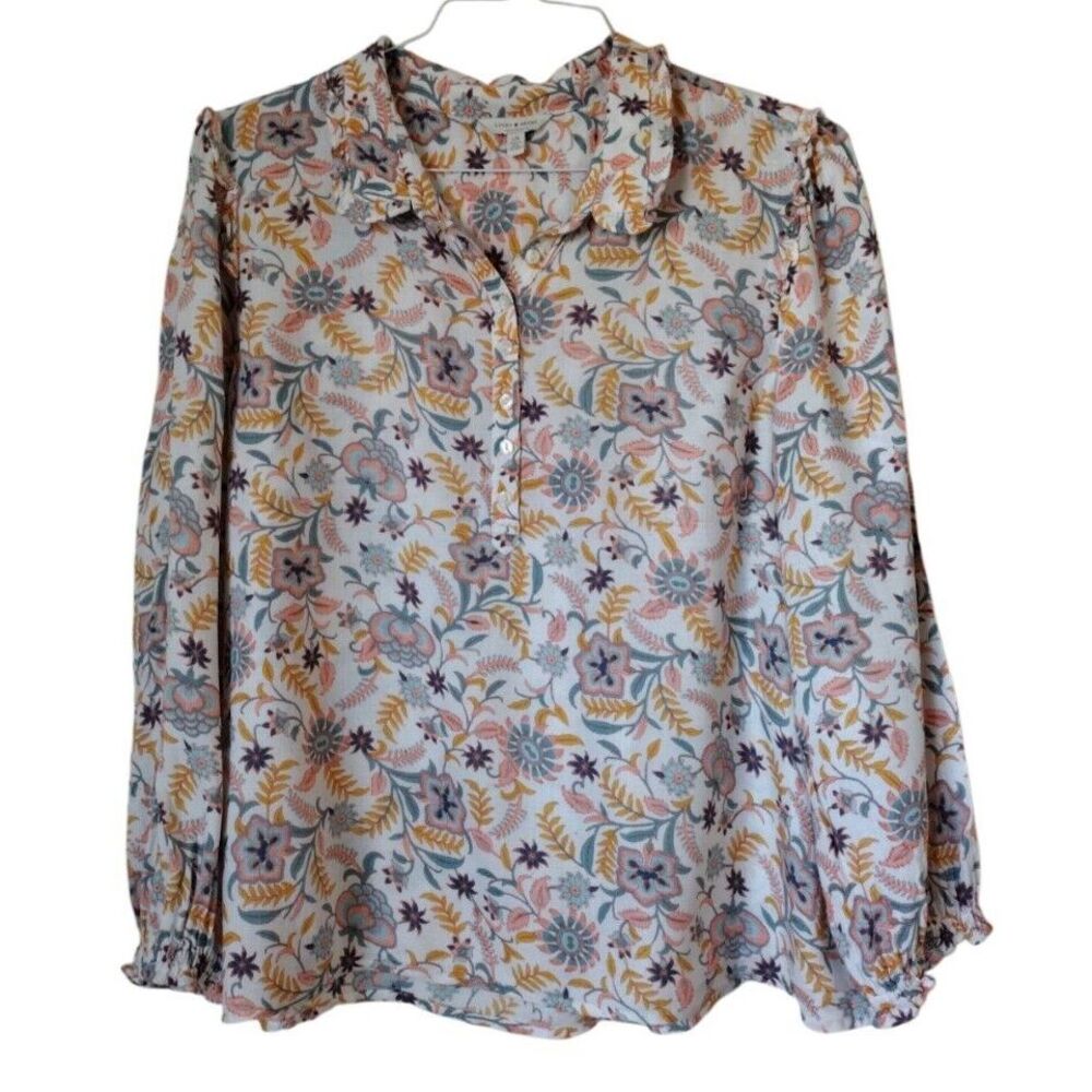 Lucky Brand Button Up Shirt Women L Floral‎ Peasant Long Sleeve Relaxed Fit